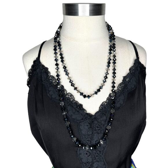 Black and Clear Crystal Endless Faceted Beaded Necklace 27" Fashion Jewelry - Picture 2 of 4